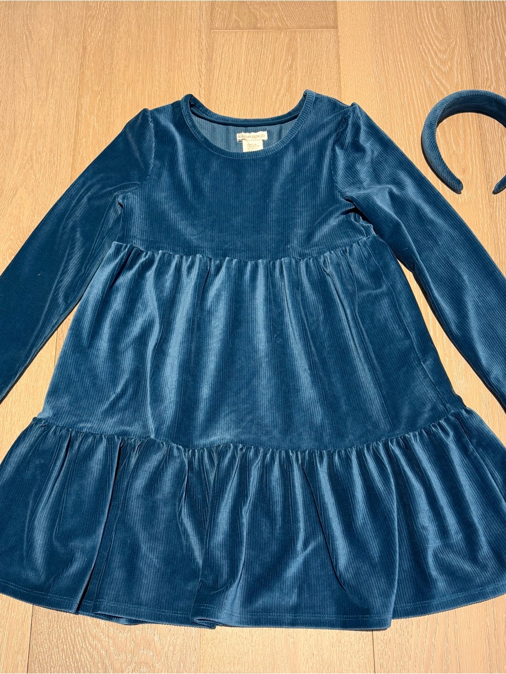 Girls Blue Corduroy Long Sleeve Tiered Dress with Headband